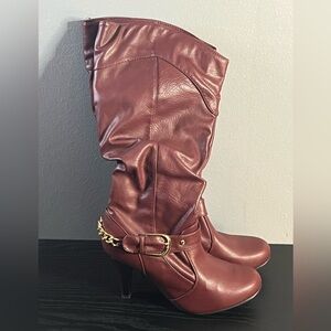 Burgundy Heeled Boots with Gold Buckle